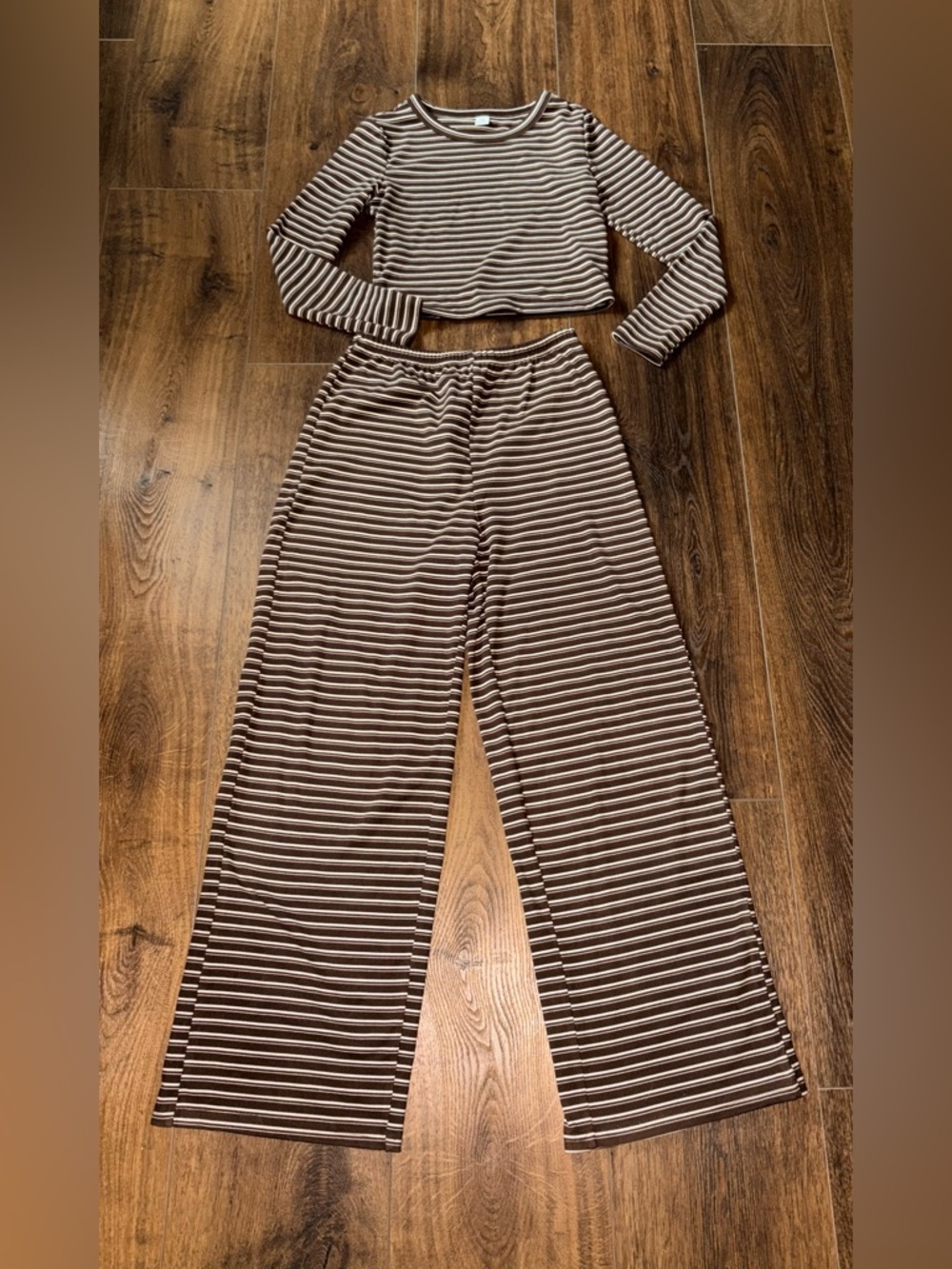 SHEIN Brown and Cream Striped Kids Matching Wide-Leg Set